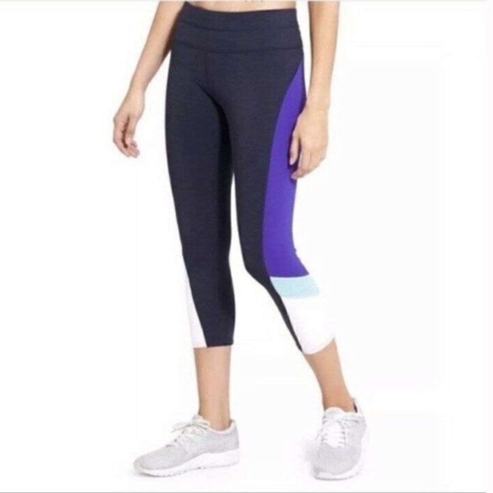 Athleta sonar mid rise crop leggings colorblock navy‎ royal blue white